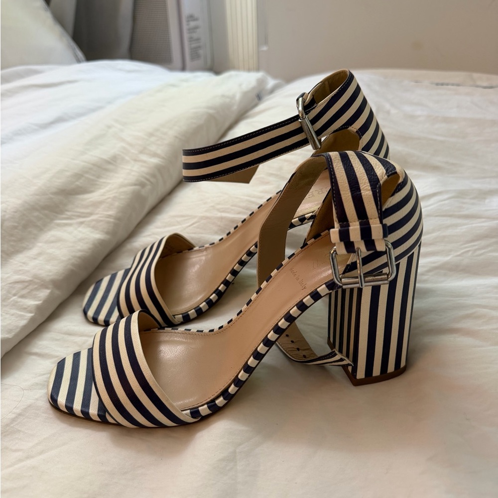 J Crew Striped Ankle-Strap Block Heel Sandals - Navy & Cream